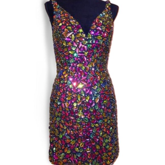 Luxurious Couture Multicolor Crystals Festive Party Prom Designer Holiday Dress - Picture 8 of 12